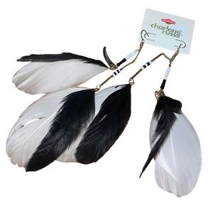 •CHARLOTTE RUSSE•NWT WHITE & BLACK BOHO FEATHER BEADED EARRINGS W/GOLD HARDWARE